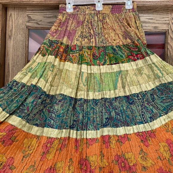 Crinkle Skirt, Long Multi-Color dominant shades Orange & Green. Anu size M, Line - Picture 5 of 6